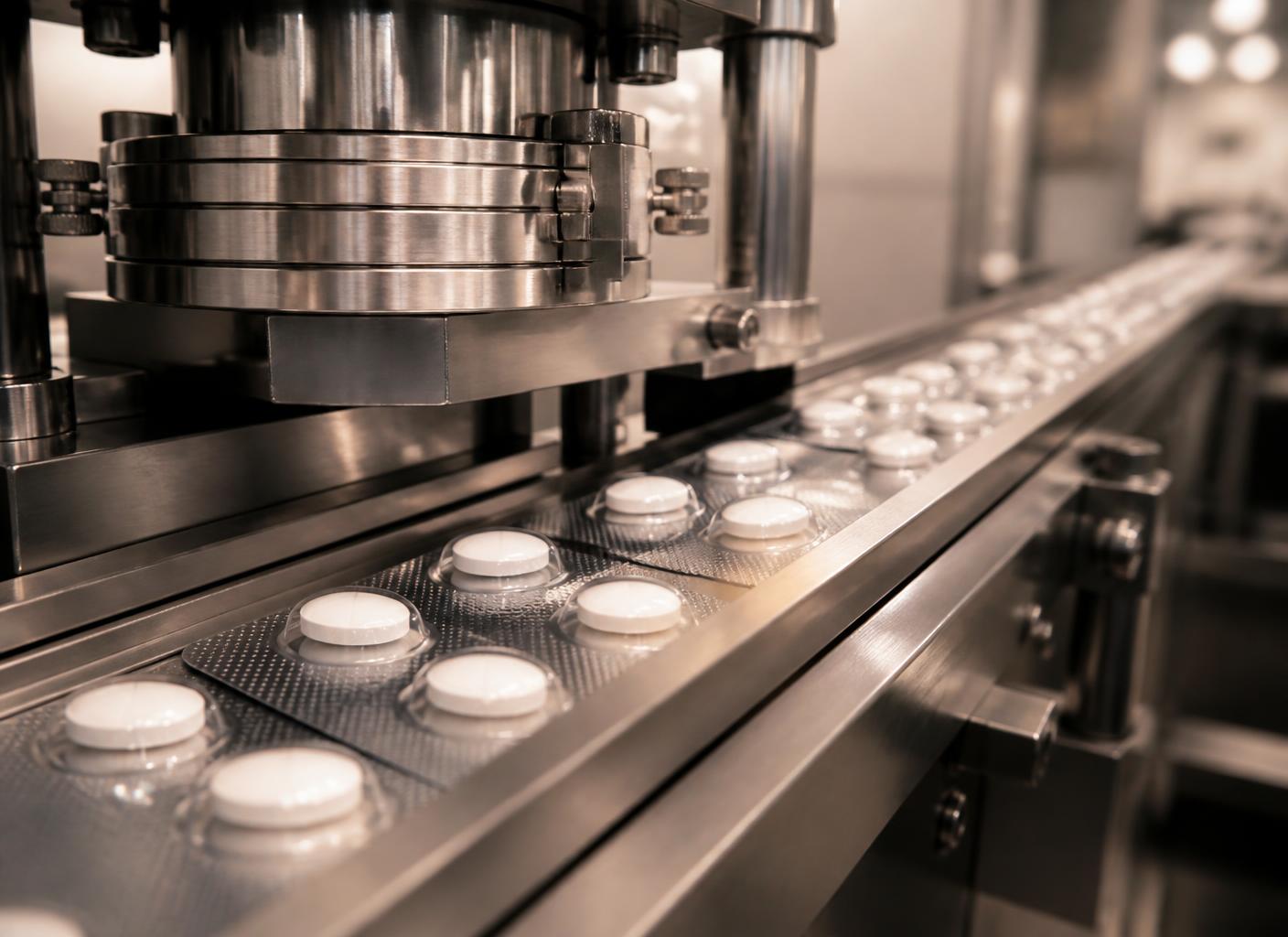 Tablets sealed into blister packs on a pharmaceutical packaging line