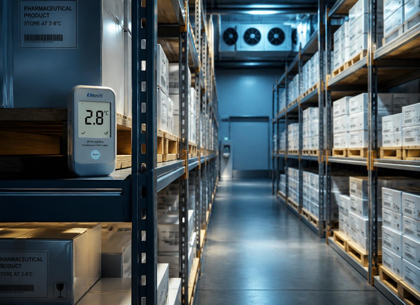 Temperature-controlled pharmaceutical cold storage warehouse with palletised medicine cartons