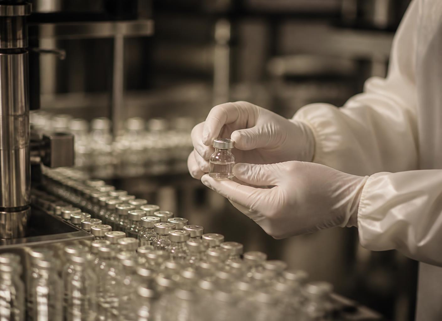 Technician in a sterile gown inspecting a glass pharmaceutical vial on a filling line