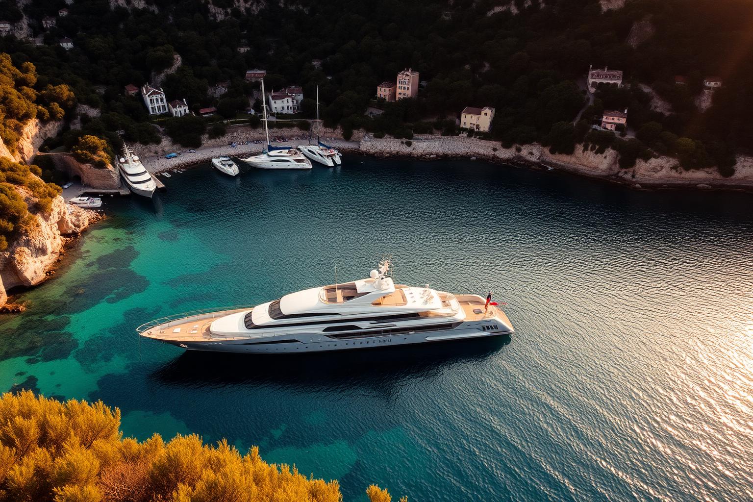Superyacht anchored in Mediterranean cove
